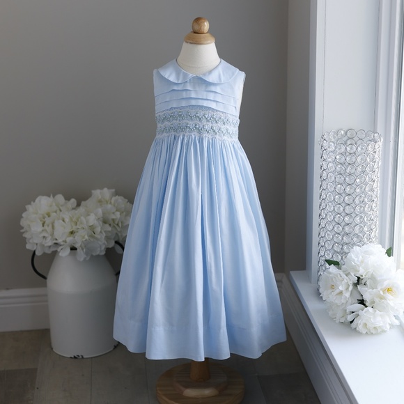 Strasburg Blue Smocked Dress Hand-Embroidered Spring Summer Vacation PERFECT - Picture 5 of 9